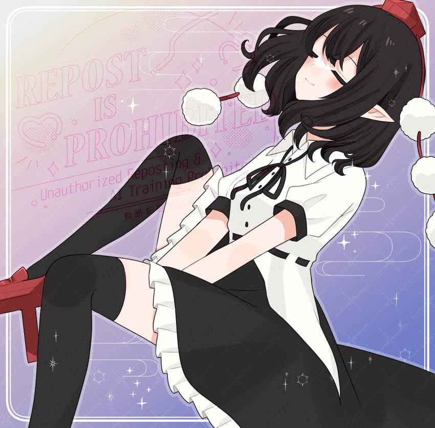 1girl, asumi276, black_hair, black_ribbon, black_skirt, black_thighhighs, blue_background, blush