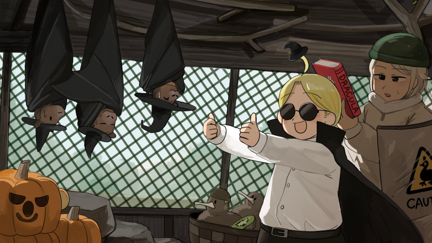 2girls, :d, absurdres, ahoge, bat_(animal), bird, black_cloak, blonde_hair