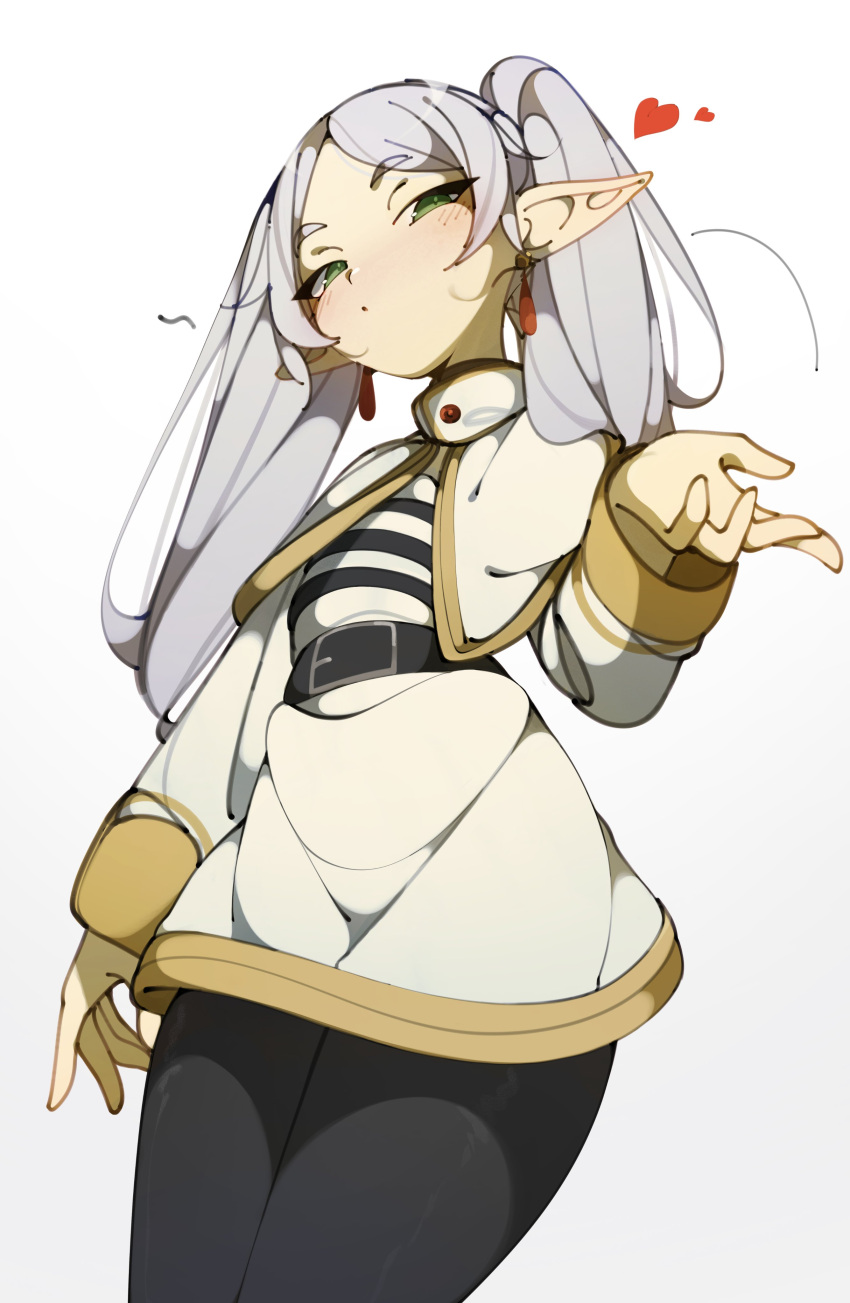 1girl, absurdres, black_leggings, blowing_kiss, blush, deko_morii, frieren, green_eyes