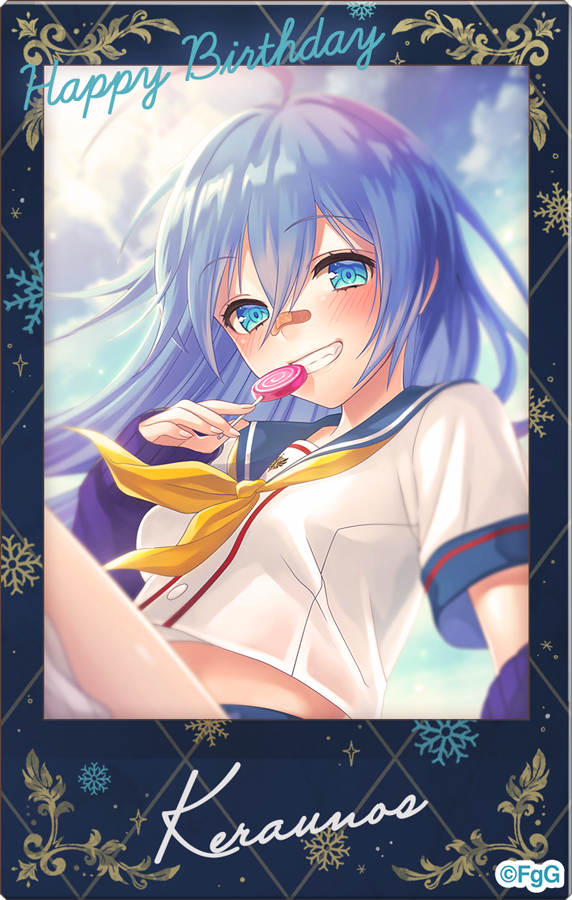 1girl, aqua_eyes, aqua_hair, blue_hair, blue_sailor_collar, blue_sky, candy, character_name