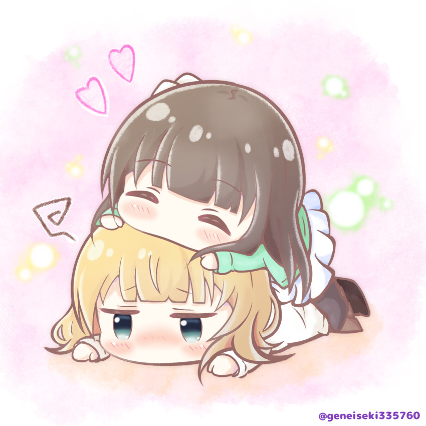 2girls, absurdres, blonde_hair, blush, brown_hair, chibi, chibi_only, geneiseki