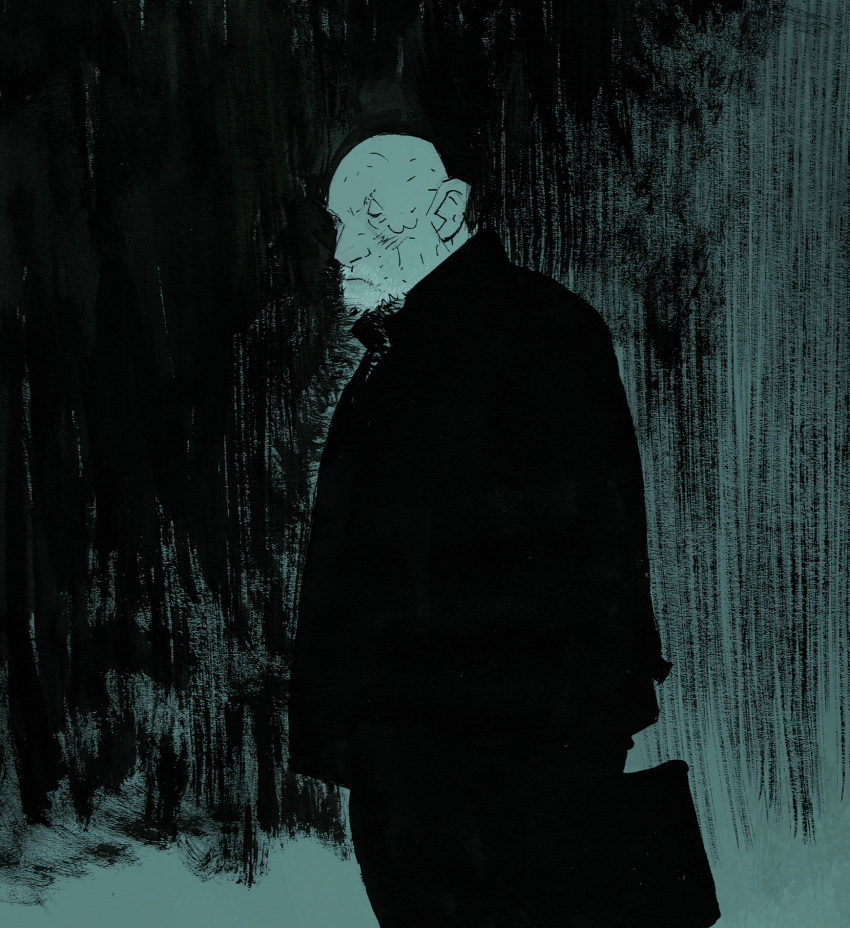 1boy, bald, black_jacket, black_pants, breaking_bad, cowboy_shot, facial_hair, half-closed_eyes