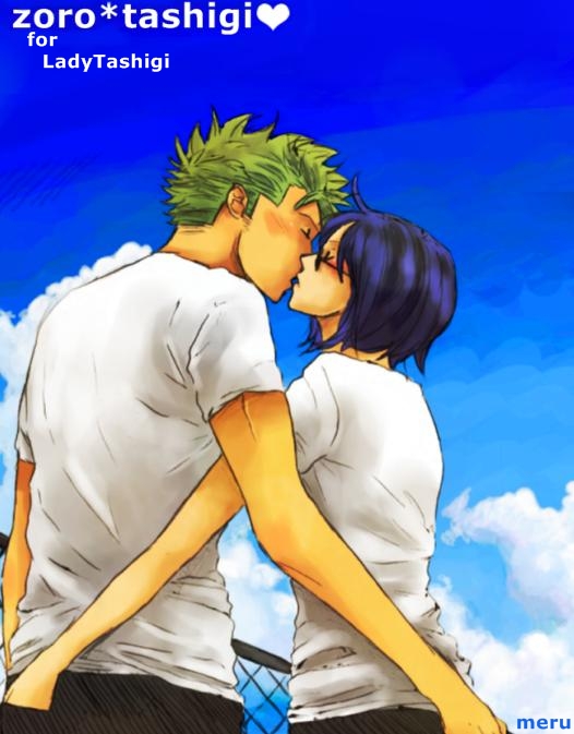 1girl, blush, casual, character_name, closed_eyes, couple, eyes_closed, glasses, kiss, meru90, one_piece, purple_hair, roronoa_zoro, short_hair, tashigi