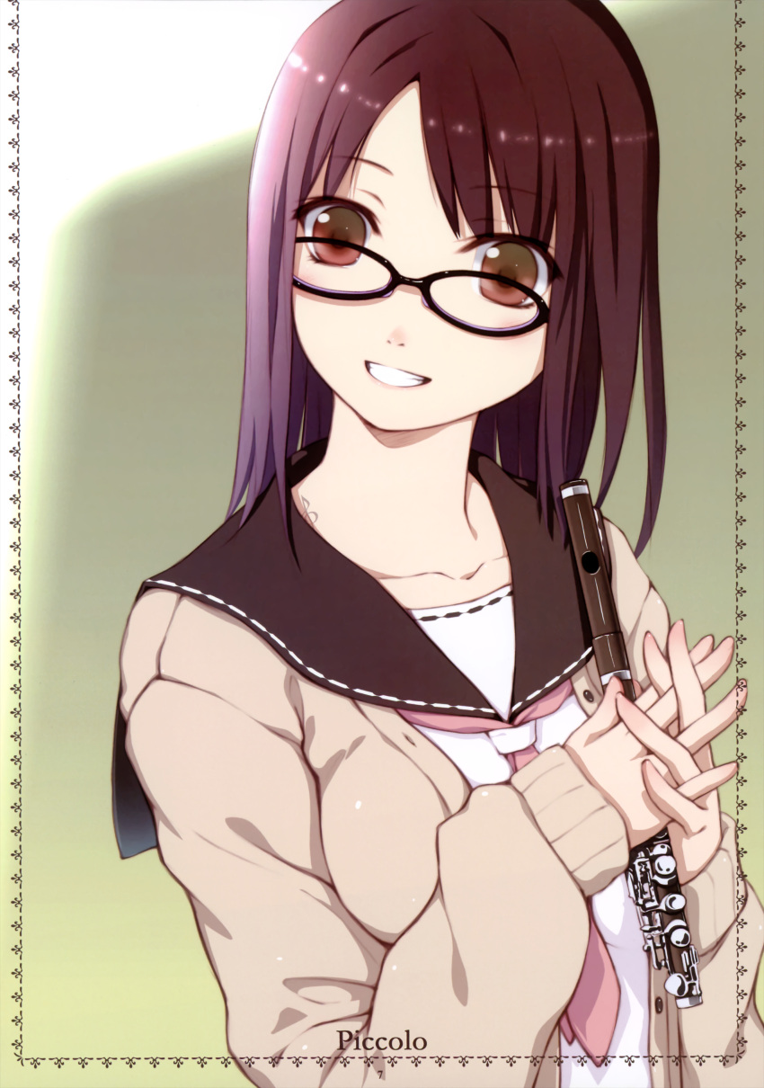 brown_eyes, brown_hair, flute, glasses, grin, hands, hands_clasped, highres