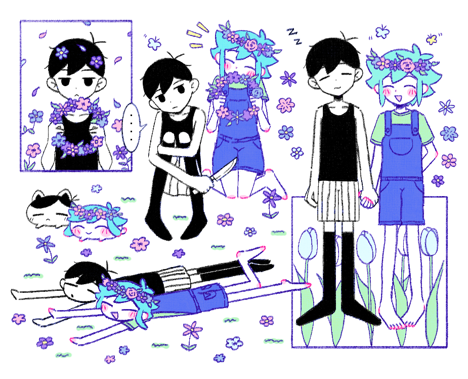 ..., 2727_onigiri, 2boys, animalization, barefoot, basil_(headspace)_(omori), basil_(omori), black_eyes, black_hair, black_tank_top, black_thighhighs, blue_overalls, closed_eyes, closed_mouth, collarbone, colored_skin, expressionless, flower, green_hair, green_shirt, holding, holding_hands, holding_head_wreath, holding_knife, kneeling, knife, lying, male_focus, multiple_boys, omori, omori_(omori), on_stomach, open_mouth, overalls, person_and_animalization, shirt, short_hair, short_sleeves, shorts, simple_background, speech_bubble, spoken_ellipsis, striped_clothes, striped_shorts, t-shirt, tank_top, thigh-highs, tulip, vertical-striped_clothes, vertical-striped_shorts, white_background, white_shorts, white_skin, zzz