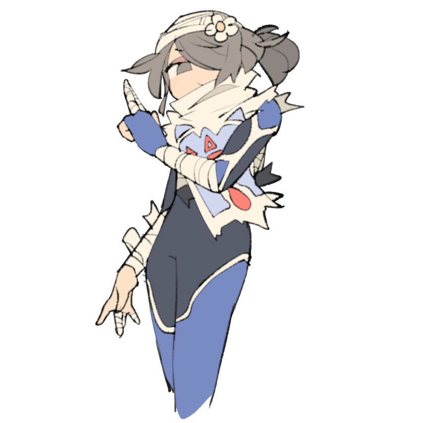 1girl, bandaged_arm, bandaged_fingers, bandages, blue_bodysuit, blue_gloves, bodysuit, closed_mouth