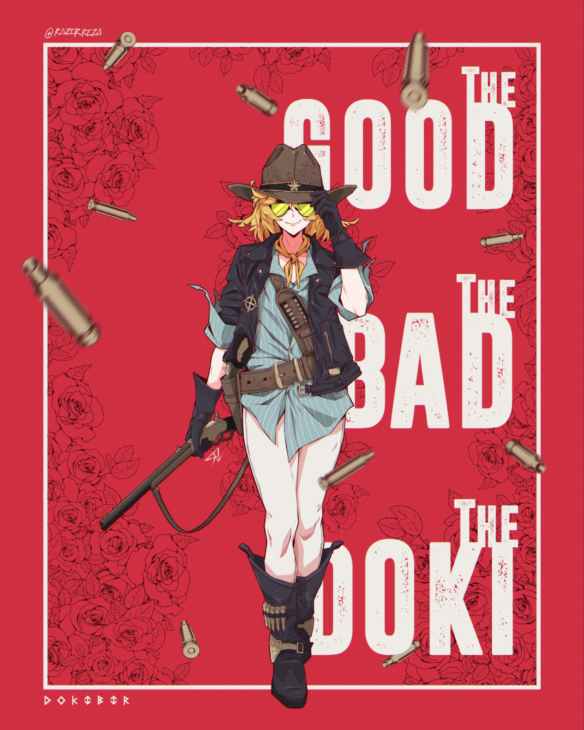 1girl, absurdres, aqua_shirt, belt, black_footwear, black_jacket, blonde_hair, boots