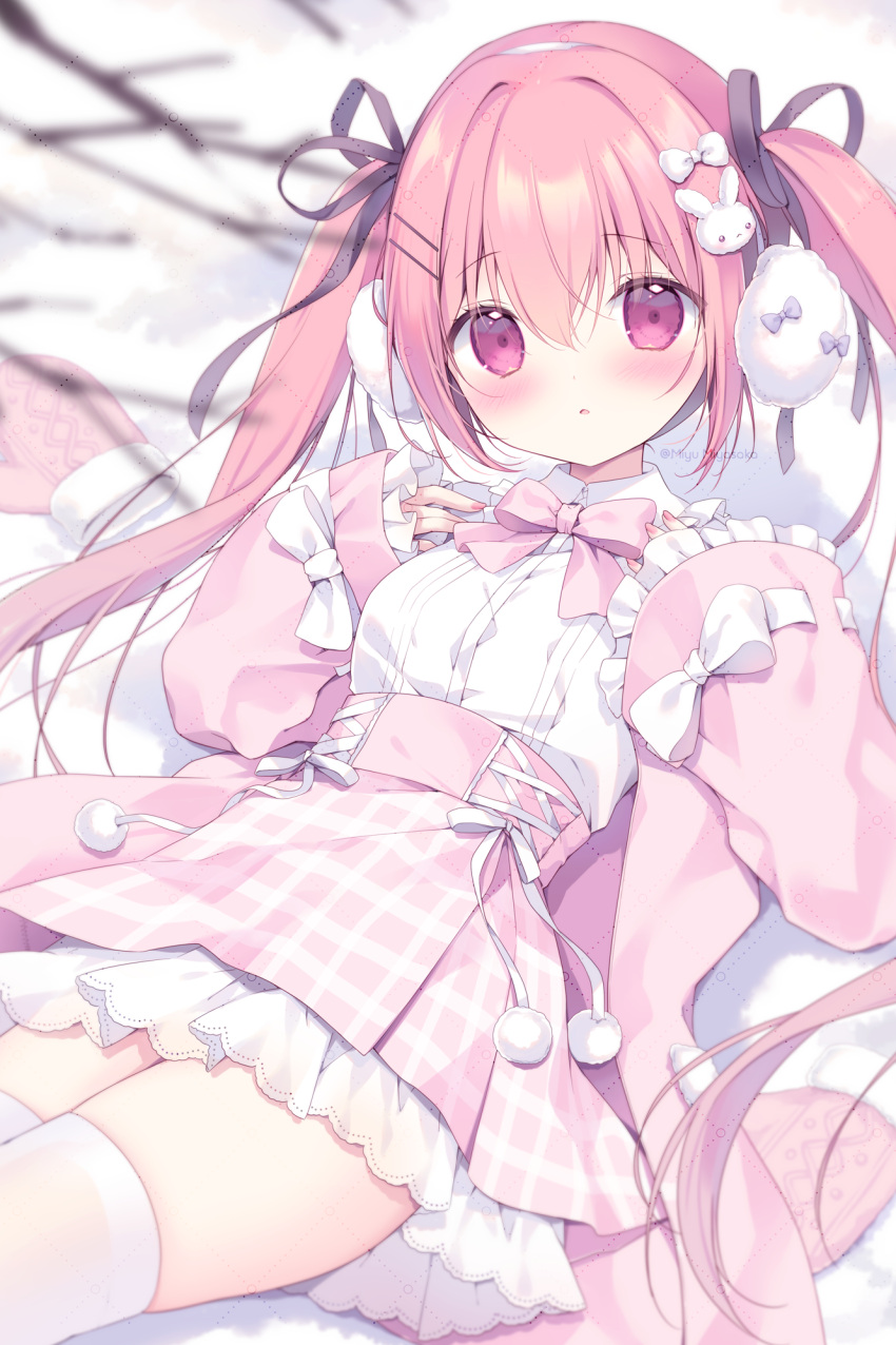 1girl, :o, black_ribbon, blurry, blurry_foreground, blush, bow, branch