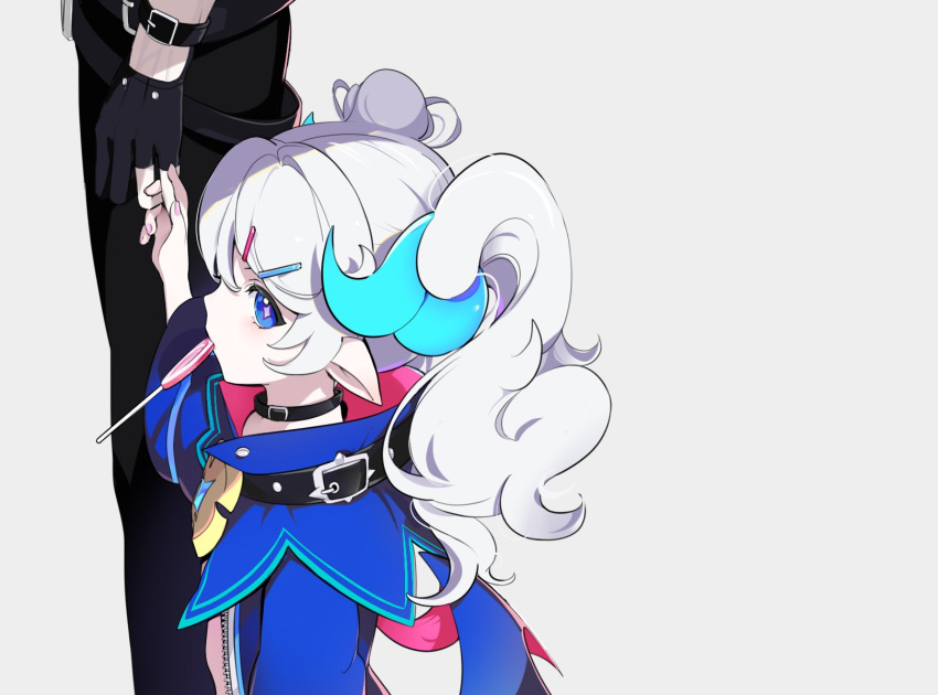 1boy, 1girl, black_choker, blue_eyes, blue_jacket, candy, chiliarch_(elsword), choker