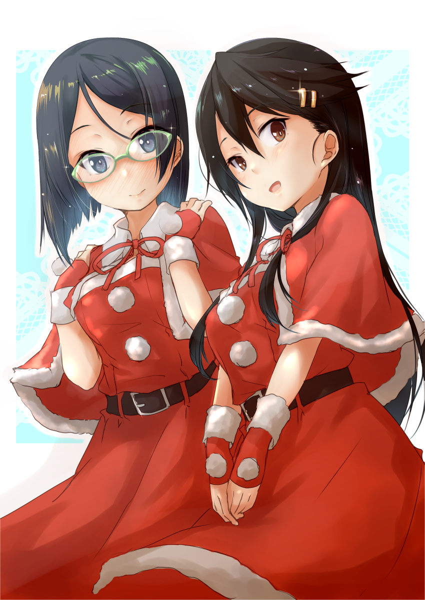 2girls, absurdres, black_hair, brown_eyes, capelet, cosplay, dress, fur-trimmed_capelet