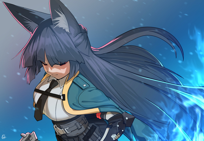 1girl, animal_ears, black_hair, blue_fire, blunt_bangs, breasts, fire, fox_ears