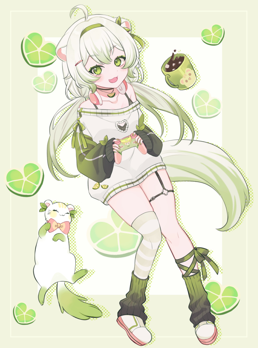 ahoge, animal_ears, asymmetrical_legwear, ben-day_dots, bow, bowtie, breasts, cleavage_cutout, clothing_cutout, controller, cup, drop_shadow, ferret, ferret_ears, ferret_girl, ferret_tail, food, fruit, game_controller, green_background, green_sweater, headband, heart, highres, holding, holding_controller, hot_chocolate, indie_virtual_youtuber, jewelry, laimu_(vtuber), laimu_(vtuber)_(cozy), leaf, lime_(fruit), lime_necklace, lime_slice, limon_(laimu), long_hair, looking_at_viewer, mug, necklace, no_pants, open_mouth, ribbon, romina, screentones, small_breasts, smile, socks, sweater, tail, thigh-highs, thigh_strap, twintails, uwu, vinesauce, virtual_youtuber