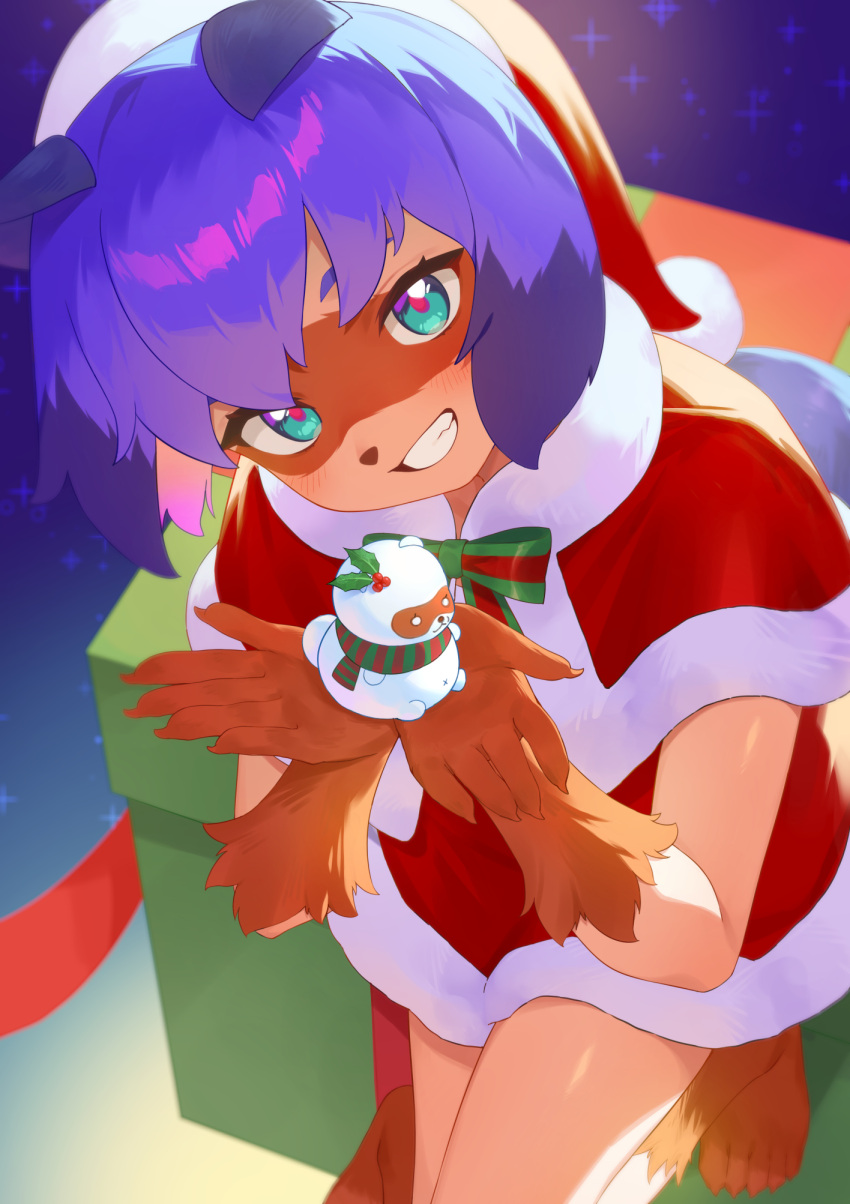 1girl, animal_ears, barefoot, blue_hair, body_fur, bow, bowtie, brand_new_animal, capelet, dress, furry, furry_female, green_bow, green_bowtie, grin, hat, highres, holding, imori_(lizzy), kagemori_michiru, looking_at_viewer, multicolored_hair, raccoon_ears, raccoon_girl, raccoon_tail, red_bow, red_bowtie, red_capelet, red_hat, santa_dress, santa_hat, short_hair, smile, solo, tail, teeth