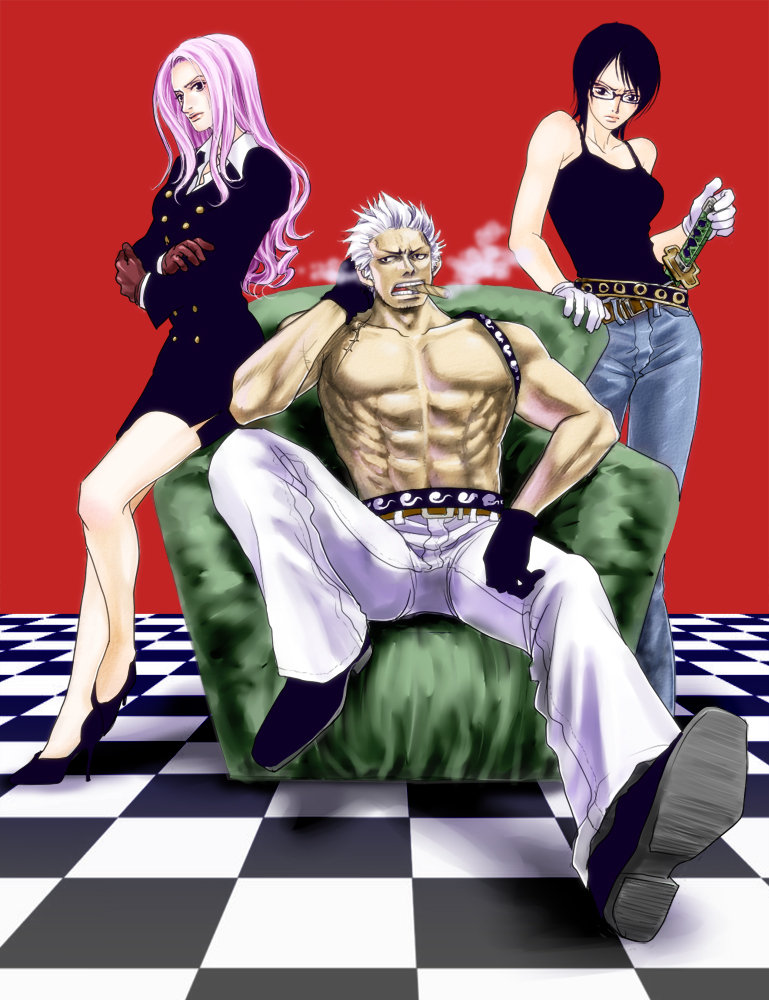 2girls, black_hair, checkered, checkered_floor, cigar, glasses, gloves, high_heels