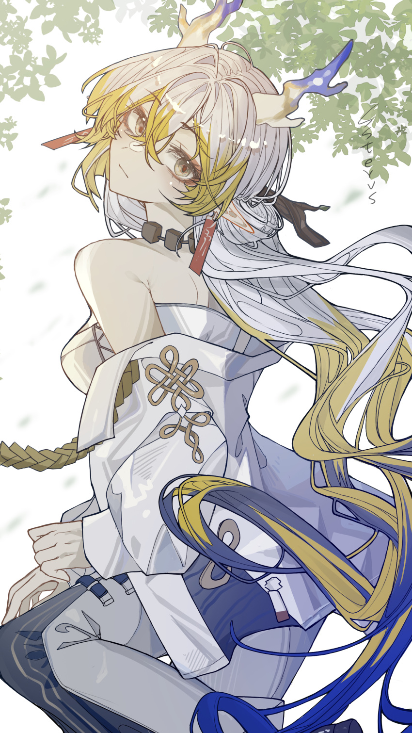 1girl, absurdres, arknights, artist_name, bare_shoulders, blonde_hair, blue_hair, brown_eyeliner