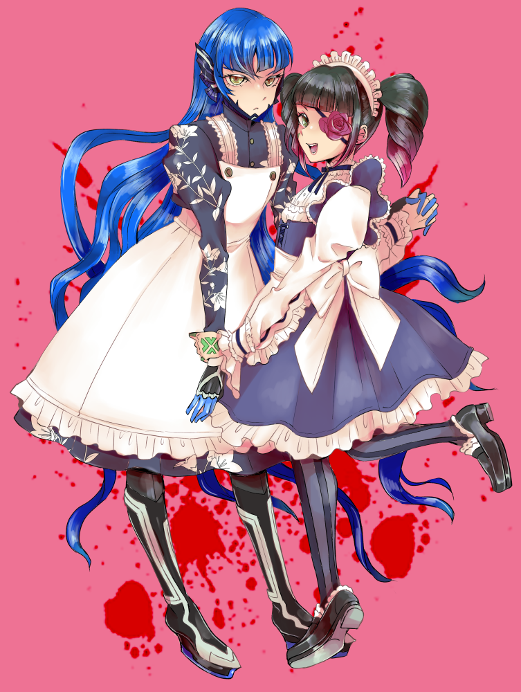 2boys, alternate_costume, alternate_hairstyle, androgynous, apron, black_footwear, black_hair, blood