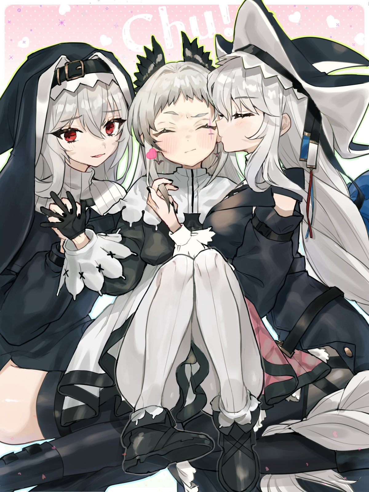 3girls, arknights, black_footwear, black_gloves, black_hat, blush, closed_eyes, closed_mouth
