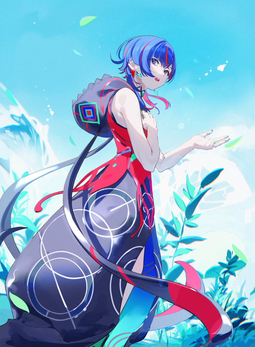 1girl, absurdres, bare_arms, bare_shoulders, blue_eyes, blue_hair, blue_sky, boots