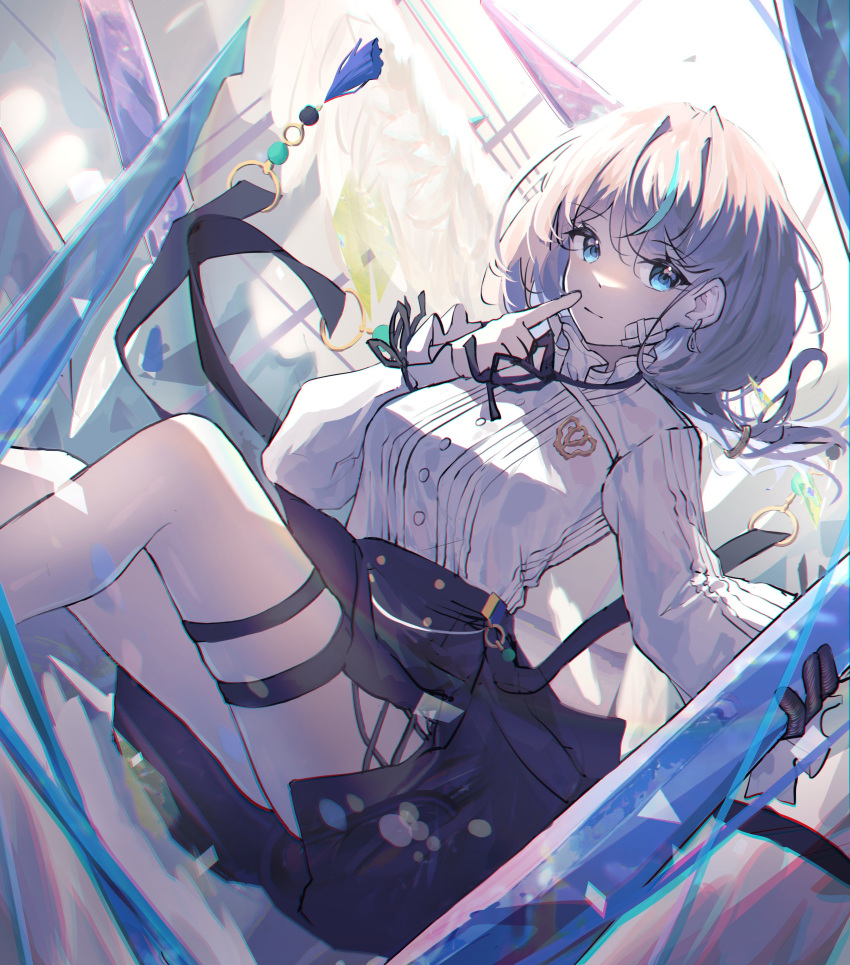 absurdres, arcaea, bandage_on_face, bandages, black_gloves, black_skirt, blue_eyes, blue_hair
