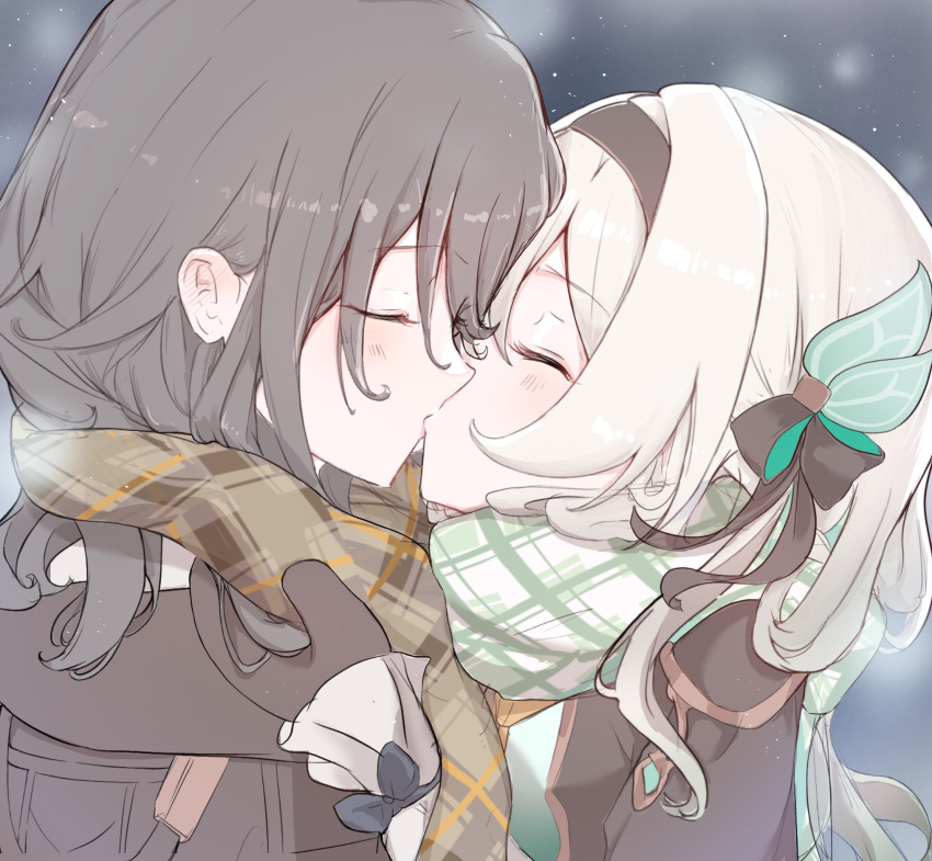 2girls, black_gloves, black_hairband, black_ribbon, blush, brown_scarf, closed_eyes, commentary