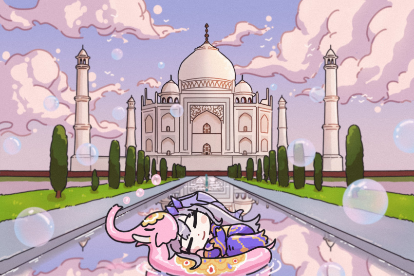 1girl, bing_huyue, bubble, chibi, circlet, closed_eyes, clouds, elephant