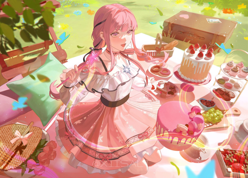 1girl, baguette, belt, bench, black_belt, black_bow, black_ribbon, blue_butterfly