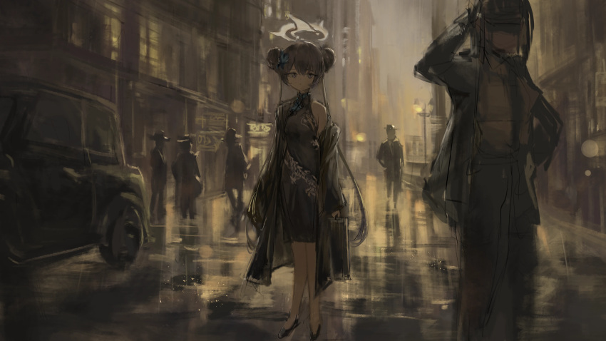 2girls, 4boys, absurdres, bar_censor, black_dress, black_footwear, black_hair, black_jacket