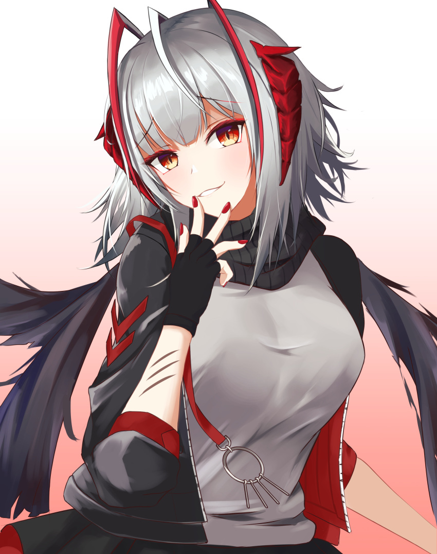 1girl, absurdres, ahoge, antenna_hair, arknights, black_gloves, black_jacket, fingerless_gloves