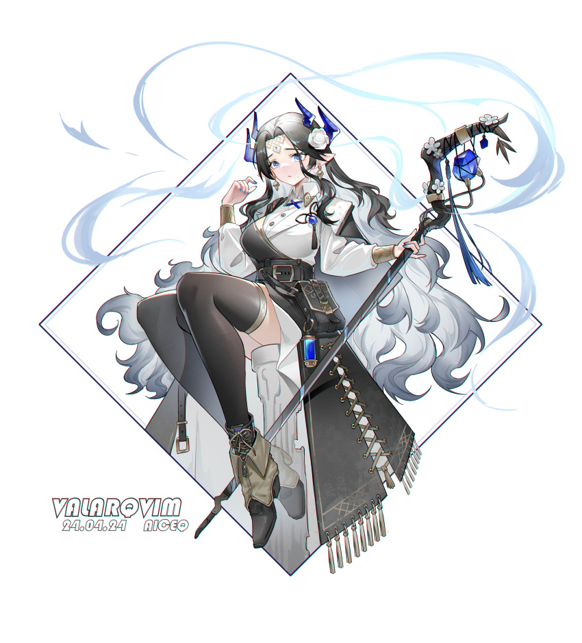 1girl, absurdres, aiceq_(qianchen1999), arknights, artist_name, black_hair, black_thighhighs, blue_eyes