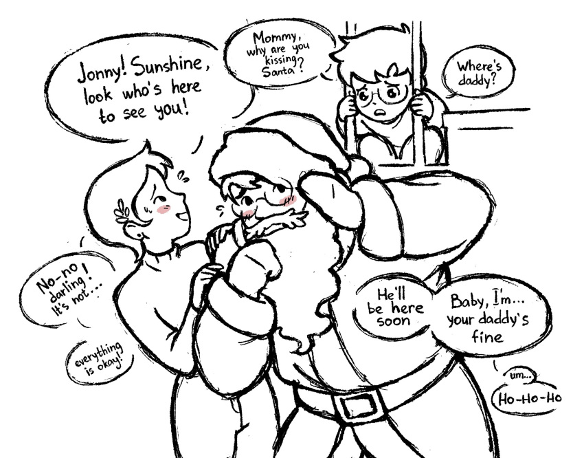 1girl, 2boys, belt, blush, christmas, clark_kent, d-e-r-i, dc_comics