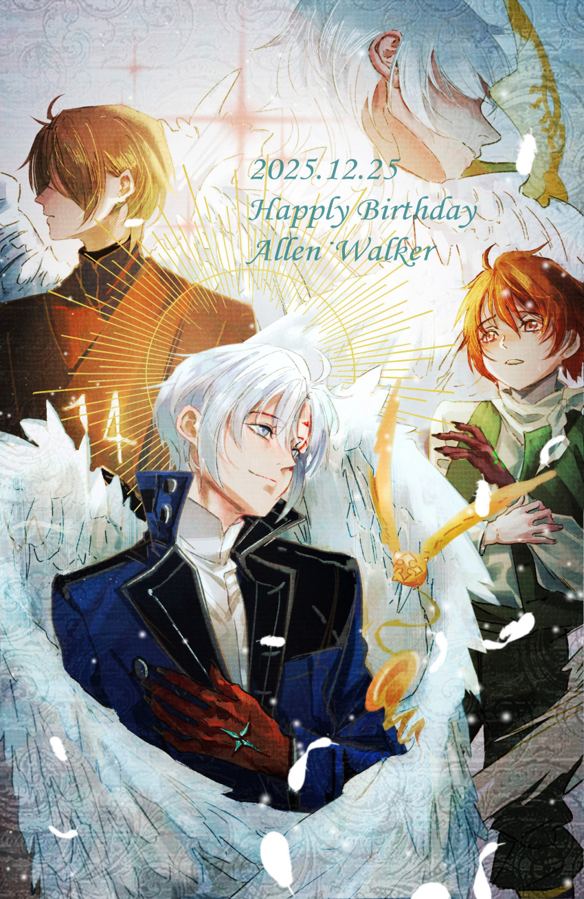4boys, absurdres, allen_walker, black_coat, black_shirt, blue_coat, brown_coat, brown_eyes, brown_hair, coat, colored_extremities, d.gray-man, facial_mark, green_vest, grey_eyes, hair_over_one_eye, hand_on_own_arm, hand_on_own_chest, happy_birthday, highres, looking_to_the_side, mask, mature_male, multiple_boys, multiple_persona, orange_hair, red_hands, shirt, smile, split-color_clothes, timcanpy, time_paradox, vest, white_hair, white_shirt, white_wings, wings, yellow_mask, youritai