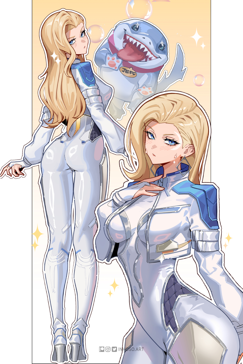 1girl, 1other, animal, artist_name, ass, blonde_hair, blue_eyes, blush