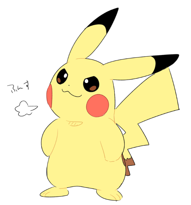 animal_ears, colored_skin, dot_nose, lai_(pixiv1814979), no_humans, pikachu, pokemon, pokemon_(creature), smile, solo, tail, white_background, white_eyes, yellow_skin