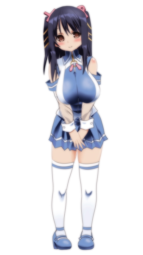 blue_hair, blush, breasts, brown_eyes, byakuya_mika, cosplay, hair_ornament, head_tilt