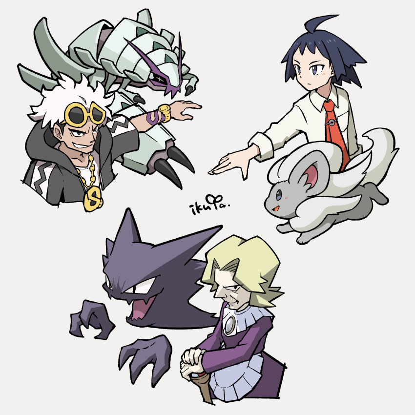 1girl, 2boys, agatha_(pokemon), ahoge, arm_tattoo, black_hair, blonde_hair, cheren_(pokemon)