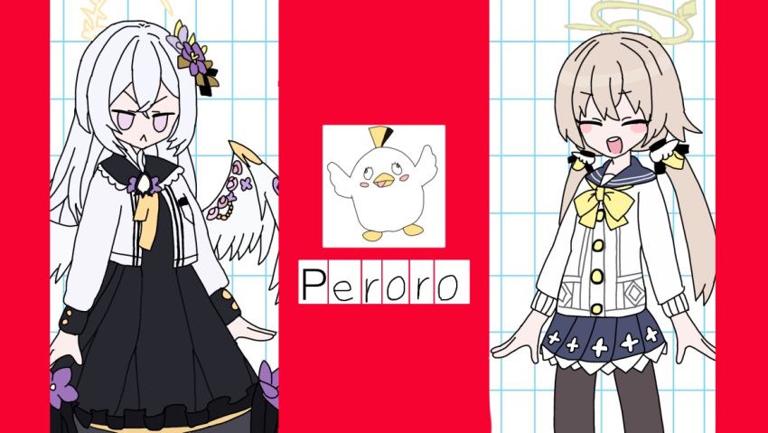 2girls, azusa_(blue_archive), blue_archive, blush, channel_(caststation)_(style), dress, feathered_wings, flower, hair_between_eyes, hair_flower, hair_ornament, halo, hifumi_(blue_archive), long_hair, long_sleeves, looking_at_viewer, low_twintails, mesmerizer_(vocaloid), multiple_girls, open_mouth, parody, peroro_(blue_archive), school_uniform, shirt, skirt, smile, twintails, user_ryrw7272, violet_eyes, white_hair, white_wings, wings