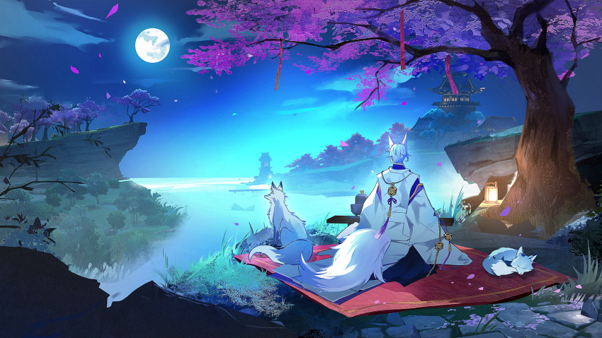 1boy, absurdres, alternate_costume, alternate_species, animal_ears, architecture, blanket, blue_hair