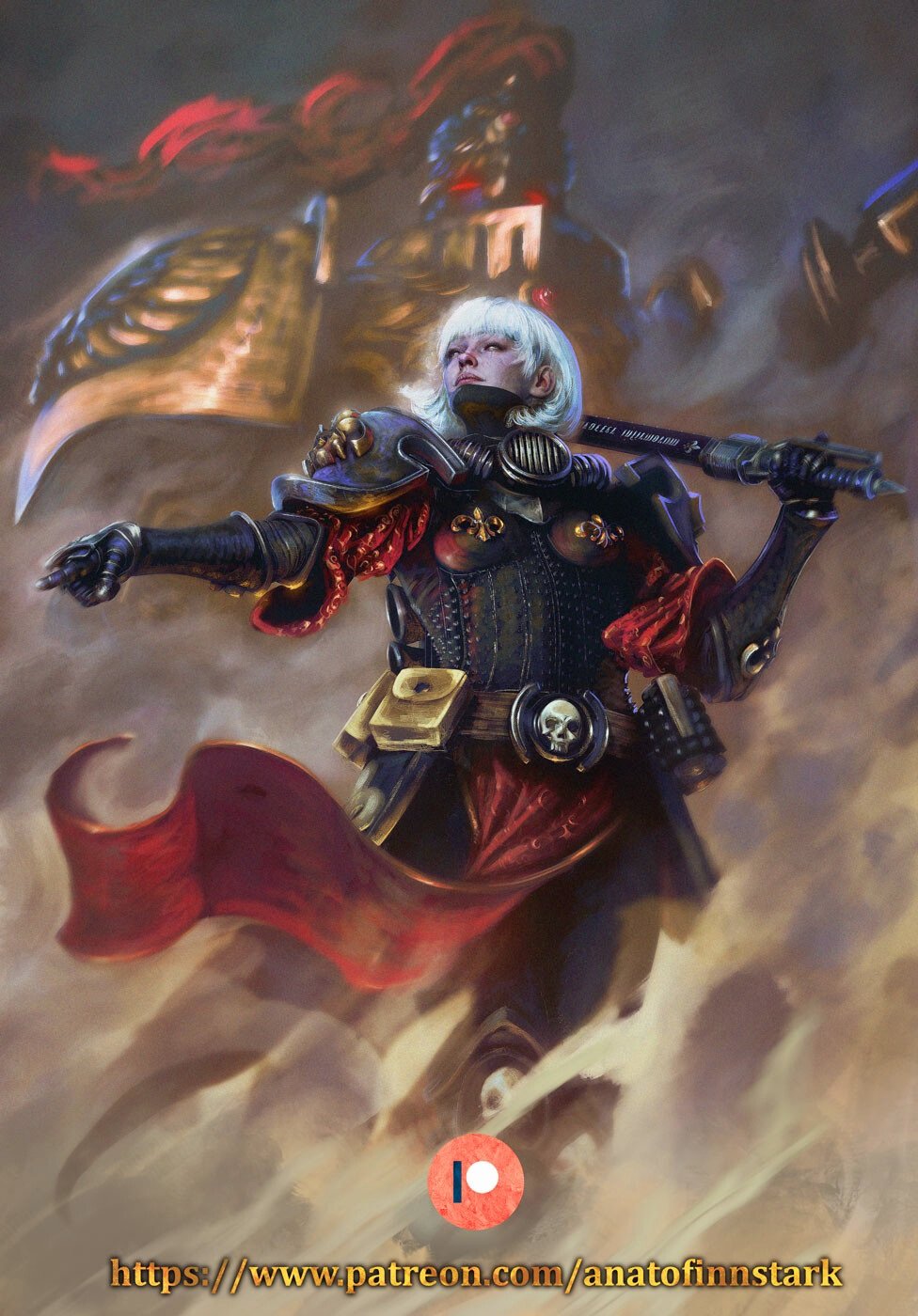 1boy, 1girl, adepta_sororitas, adeptus_custodes, anato_finnstark, aquila_(symbol), armor, artist_name