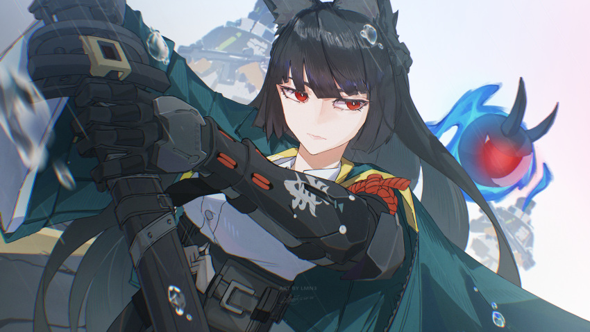1girl, absurdres, animal_ear_fluff, animal_ears, black_hair, blunt_bangs, closed_mouth, dress_shirt, fox_ears, fox_girl, gauntlets, green_jacket, highres, holding, holding_sword, holding_weapon, hoshimi_miyabi, jacket, lmn3_illust, looking_to_the_side, red_eyes, serious, shirt, sidelocks, solo, sword, tailless_(zenless_zone_zero), upper_body, weapon, white_shirt, zenless_zone_zero