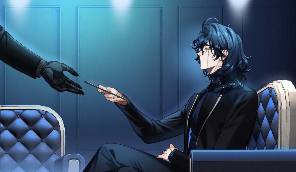 2boys, ^_^, ahoge, armchair, black_gloves, black_hair, black_jacket, black_pants