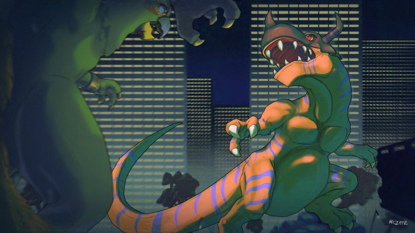 arczent, artist_name, bird, building, character_request, claws, colored_skin, digimon:_the_movie, digimon_(creature), dinosaur, greymon, highres, horns, looking_at_another, night, open_mouth, orange_skin, red_eyes, sharp_teeth, skyscraper, teeth, tree