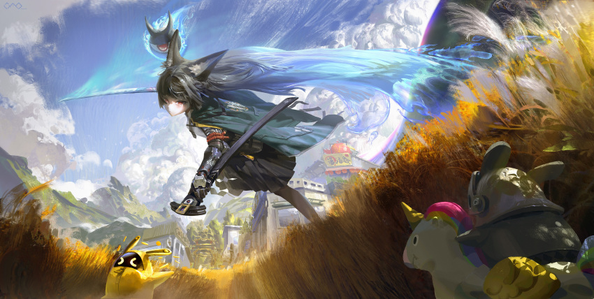 1girl, absurdres, animal_ears, bangboo_(zenless_zone_zero), black_hair, black_pantyhose, black_skirt, blue_fire, blue_sky, chasing, clouds, day, field, fire, fisheye, fleeing, fox_ears, fox_girl, gauntlets, golden_bangboo, green_jacket, high-waist_skirt, highres, holding, holding_sheath, holding_sword, holding_weapon, hoshimi_miyabi, jacket, katana, knightboo_(zenless_zone_zero), long_hair, looking_ahead, looking_at_another, mountain, outdoors, pantyhose, red_eyes, scabbard, scenery, serious, sheath, skirt, sky, solo_focus, sword, tailless_(zenless_zone_zero), user_pzsm2833, weapon, zenless_zone_zero