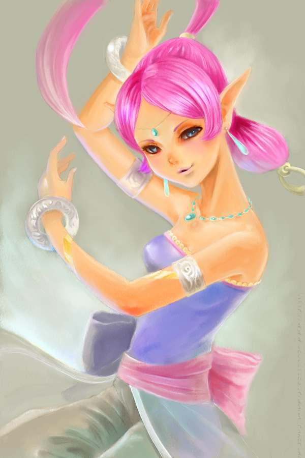 1girl, armlet, arms_up, bangle, bare_shoulders, blue_eyes, blush, bow