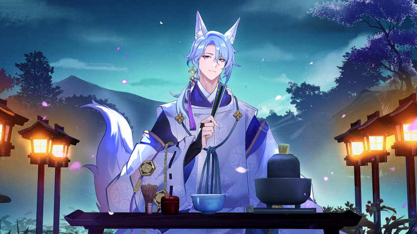 1boy, absurdres, alternate_costume, alternate_species, animal_ear_fluff, animal_ears, black_bridal_gauntlets, blue_hair