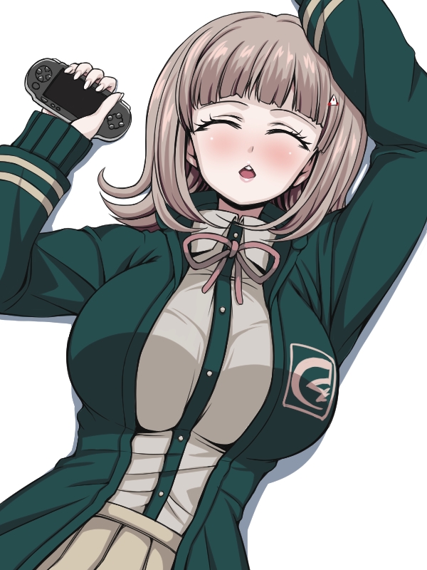 1girl, :o, arm_up, black_shirt, blush, breasts, brown_hair, brown_skirt