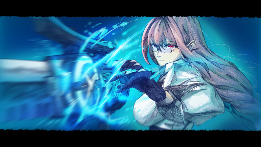 1girl, black_gloves, closed_mouth, dress_shirt, glasses, gloves, hair_between_eyes, highres