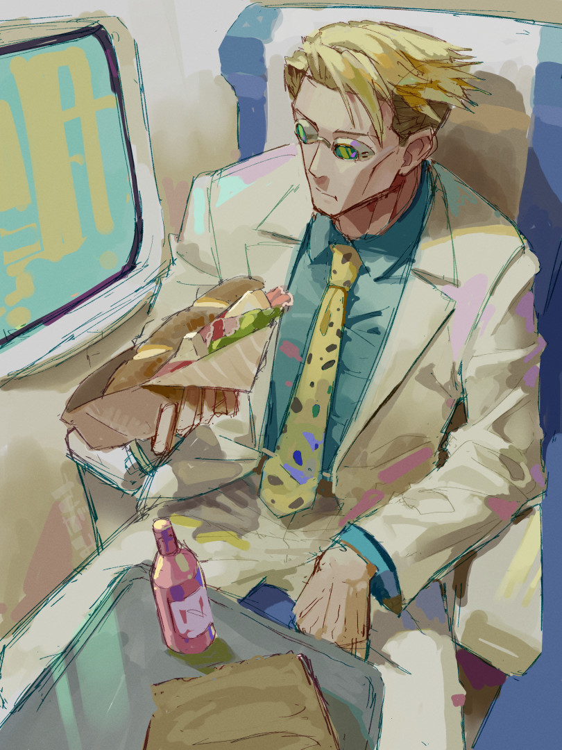 1boy, animal_print, blonde_hair, blue_shirt, bottle, bread, cheese, eating