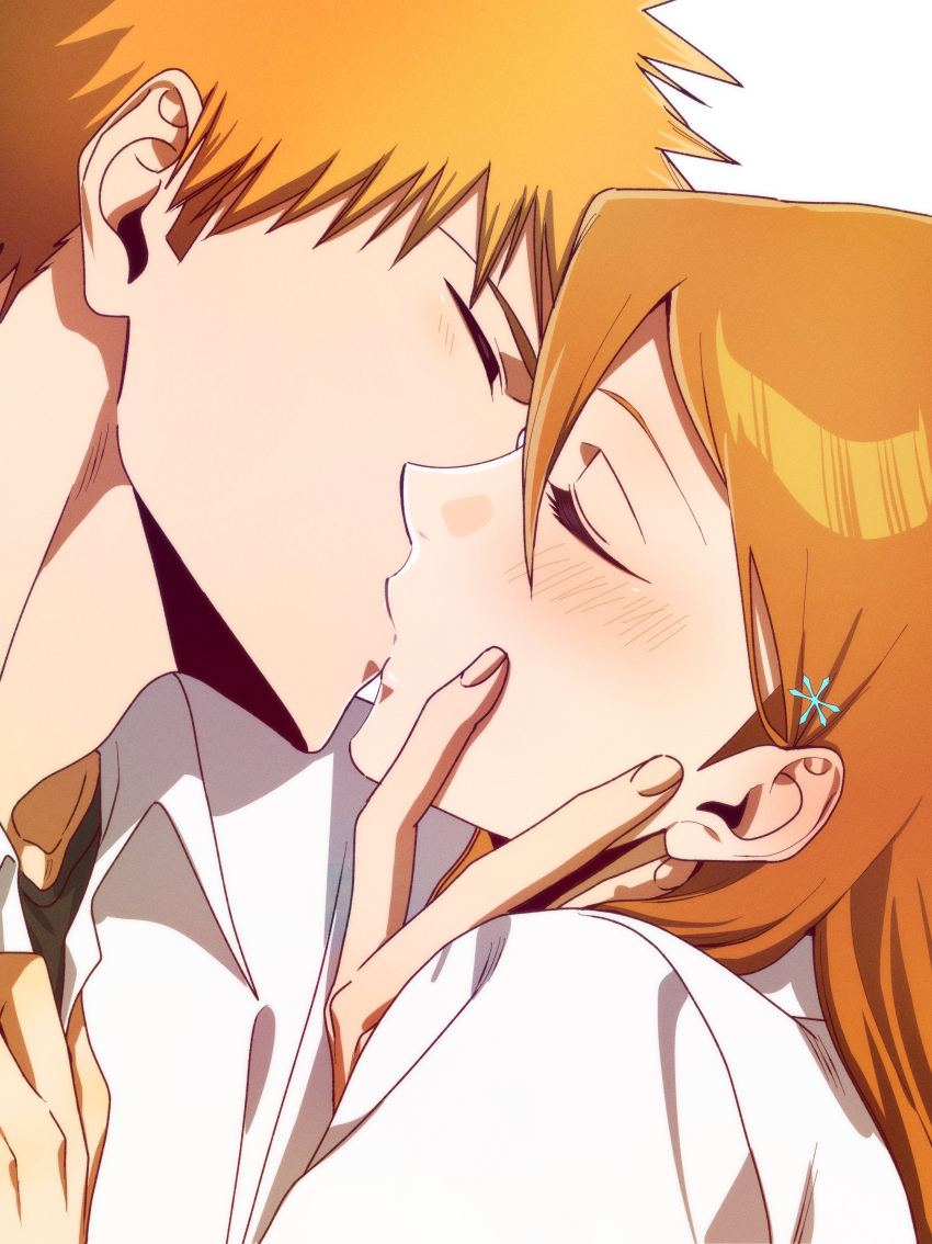 1boy, 1girl, absurdres, bleach, blush, closed_eyes, collared_shirt, hair_between_eyes