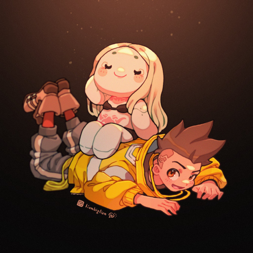 1boy, 1girl, artist_name, chibi, closed_eyes, cyberpunk_(series), cyberpunk_edgerunners, david_martinez, highres, jacket, lianbiglian, neck_tattoo, rebecca_(cyberpunk), simple_background, smile, stomach_tattoo, tattoo