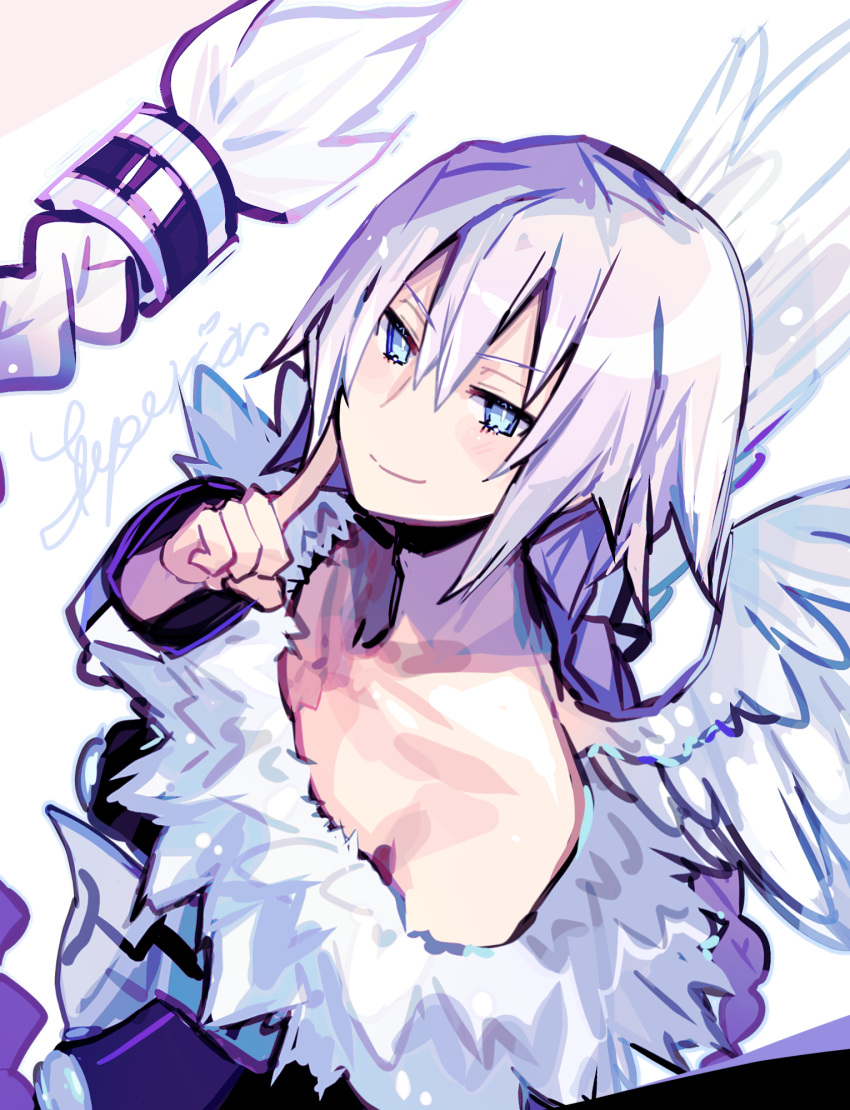 1boy, angel, angel_wings, anzu_(anzuhan), artist_name, bare_shoulders, blue_eyes, blush, braid, coat, collar, disgaea, feather-trimmed_coat, feather_trim, feathered_wings, feathers, hair_between_eyes, highres, long_hair, long_sleeves, looking_at_viewer, low-tied_long_hair, male_angel_(disgaea), signature, simple_background, single_braid, smile, smirk, solo, tabard, v-shaped_eyebrows, very_long_hair, white_background, white_feathers, white_hair, wings